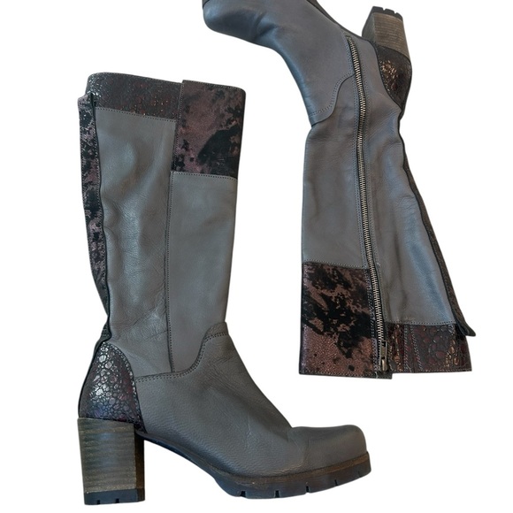 Felmini NWOT box size 38 (7.5) Gray Chunky Block Heel purple reptile accents - Picture 1 of 14